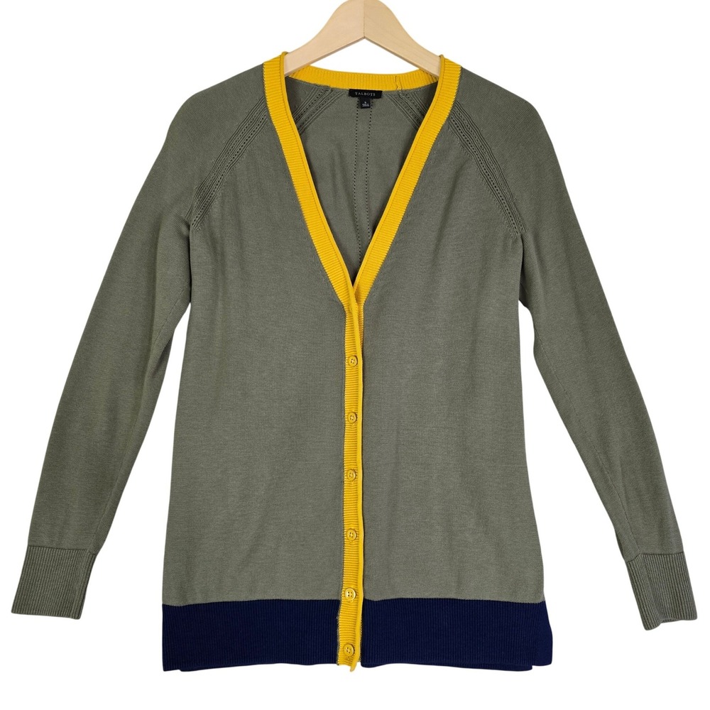 Talbots Women's Knit Colorblock Cardigan V-Neck Cotton Olive Navy Yellow S